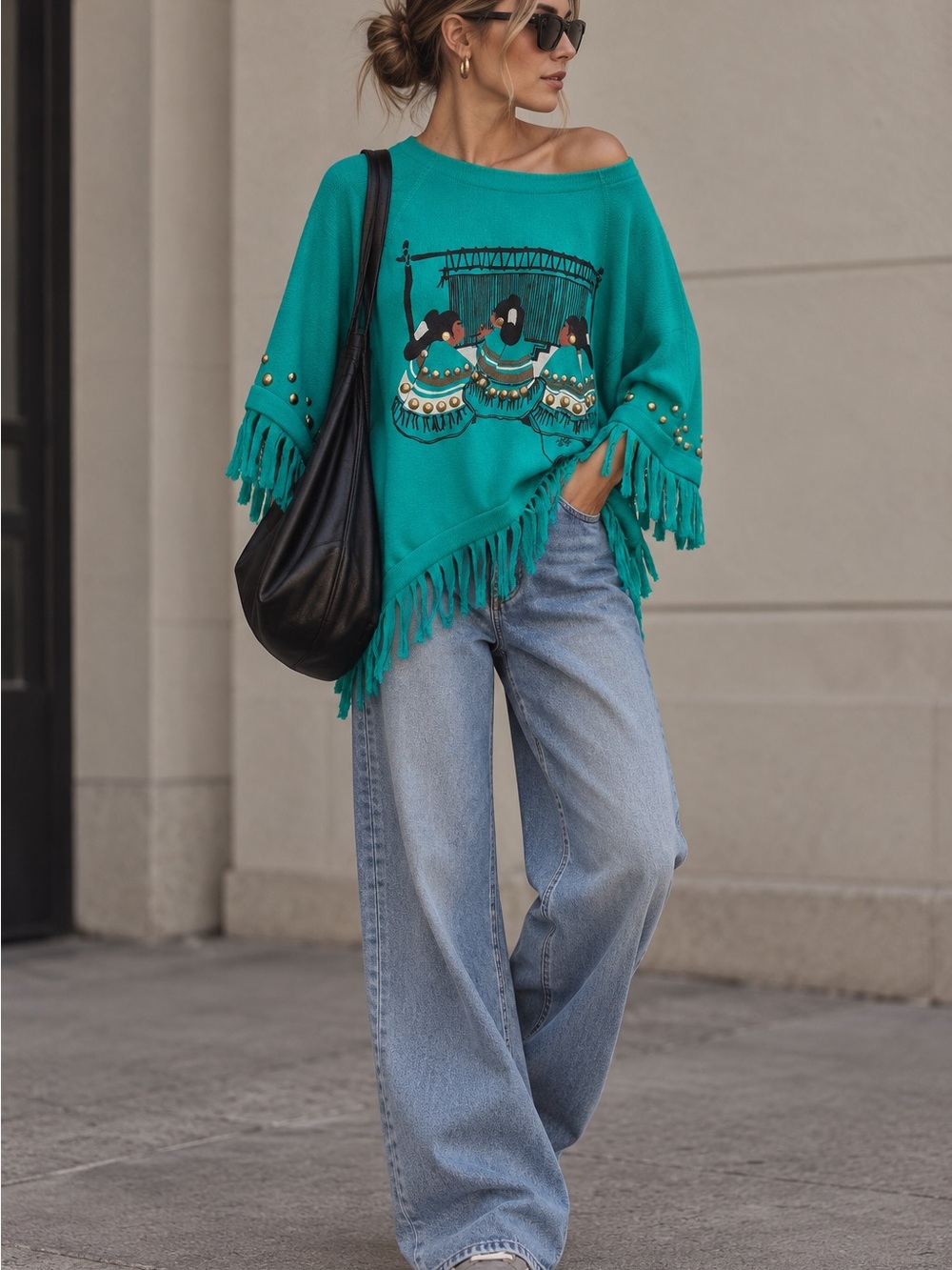 Lida Turquoise Southwestern Fringe Studded Graphic Poncho Sweater Size M